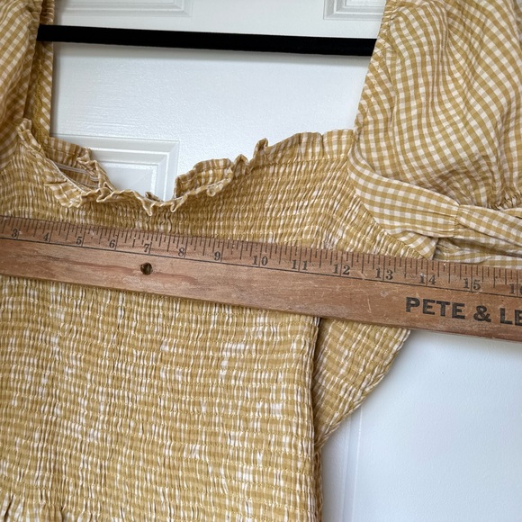 Urban Outfitters Yellow Ruffled Ruche Crop Top Smocked Long Sleeve Checkered S - Picture 13 of 14